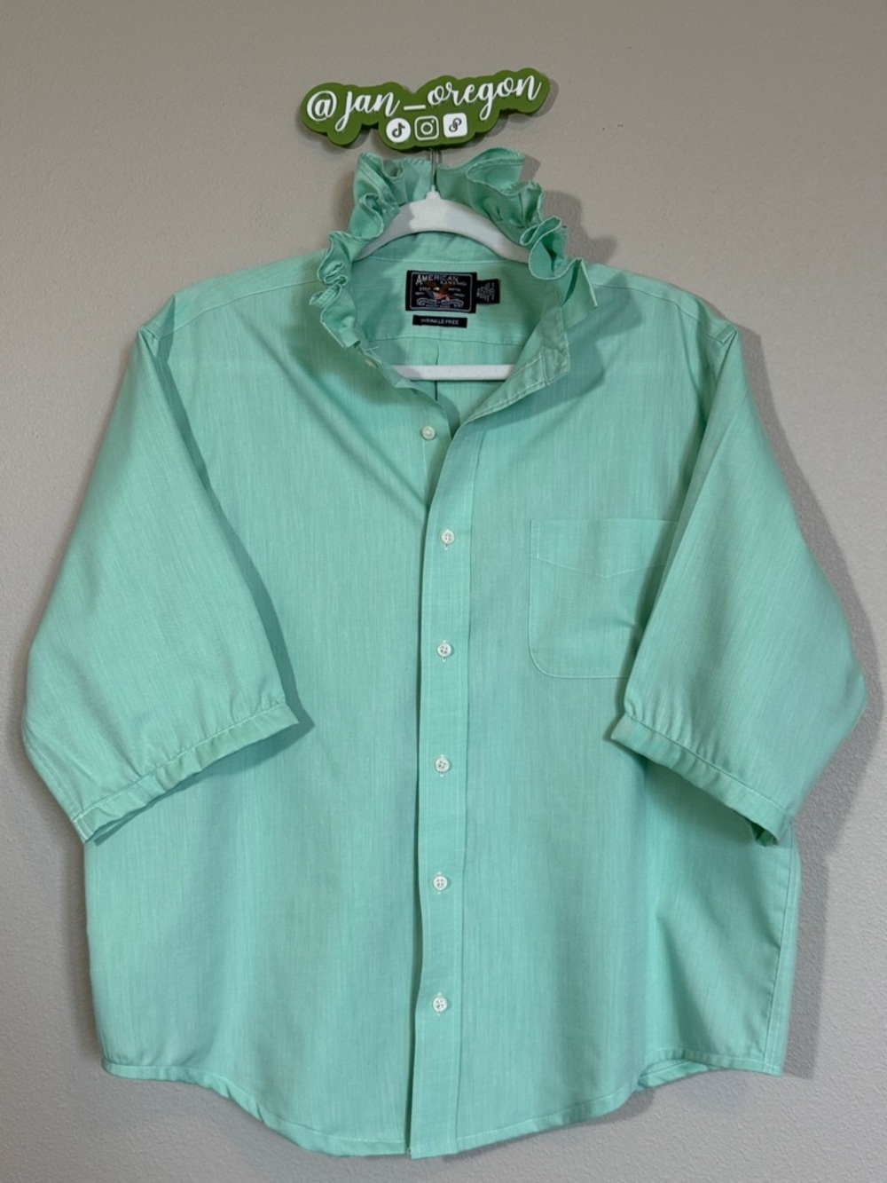 American Living Upcycled Ruffle Mint Green Women's Button-Up Blouse, Size L/XL